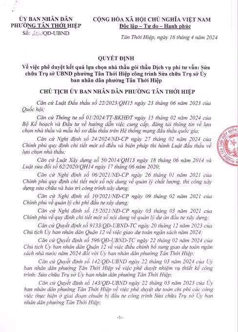 TP HCM: Hong Ha Vina lien tiep trung thau tai UBND P.Tan Thoi Hiep