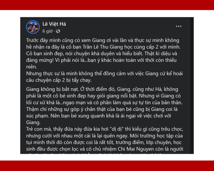 Trong bài đăng của mình, Zoie cho biết Giang không hề bị bắt nạt, mà chính xác là các bạn trong lớp "ái ngại về việc chơi với Giang".