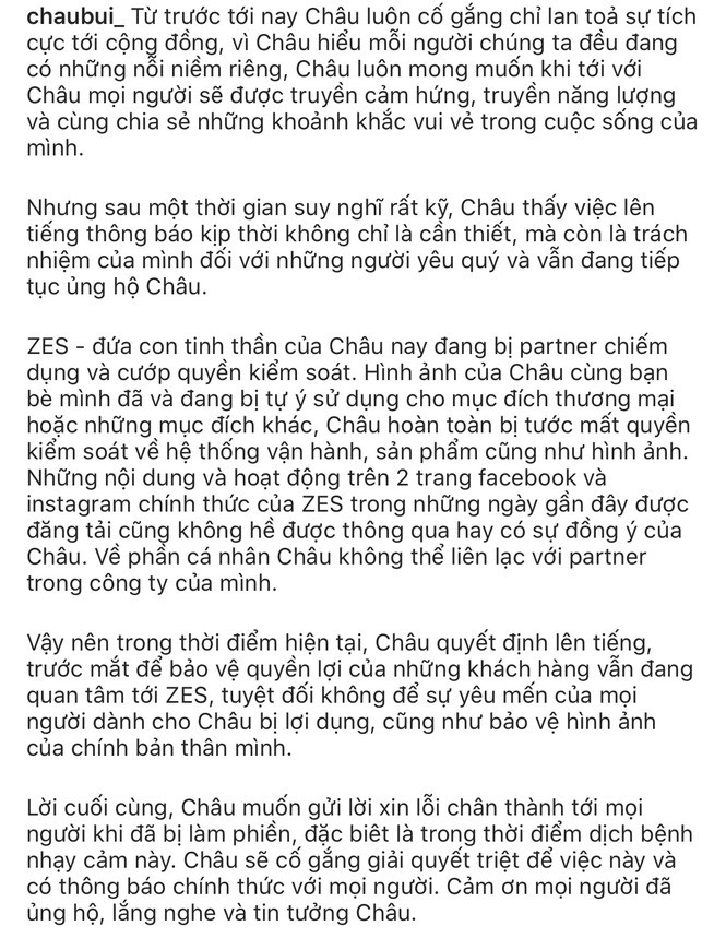 Nguyên văn lời chia sẻ của hot girl Châu Bùi về việc brand thời trang riêng bị cộng sự chiếm dụng - Ảnh chụp màn hình.