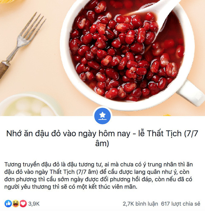 Trên MXH cũng xuất hiện tràn ngập những bức hình đậu đỏ kèm theo lời nhắn: "7/7 nhớ ăn đậu đỏ cầu duyên!".
