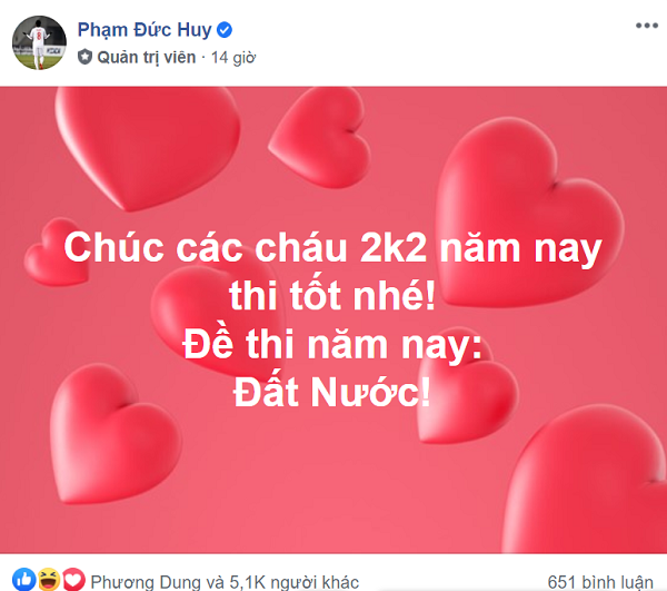 Theo đó, Đức Huy đã đoán đề văn năm nay vào tác phẩm Đất Nước của nhà thơ Nguyễn Khoa Điềm.