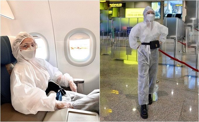 Để đảm bảo sự an toàn cho bản thân khi dịch bệnh đang diễn biến phức tạp, Chi Pu đã đeo khẩu trang, kính và mặc đồ bảo hộ kín mít khi ra phi trường.