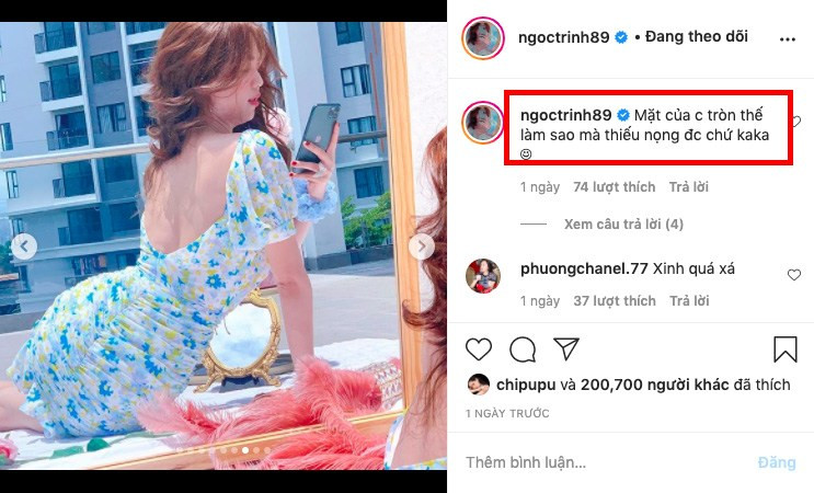 Tuy nhiên, tưởng chừng mọi thứ đã rất hoàn hảo cho tới khi dân tình lướt tới hình ảnh "nữ hoàng nội y" Ngọc Trinh để lộ khuyết điểm gương mặt là chiếc nọng cằm. Trước nhiều lời bàn tán, chính bản thân người đẹp cũng nhận điều đó như một sự thật hiển nhiên.