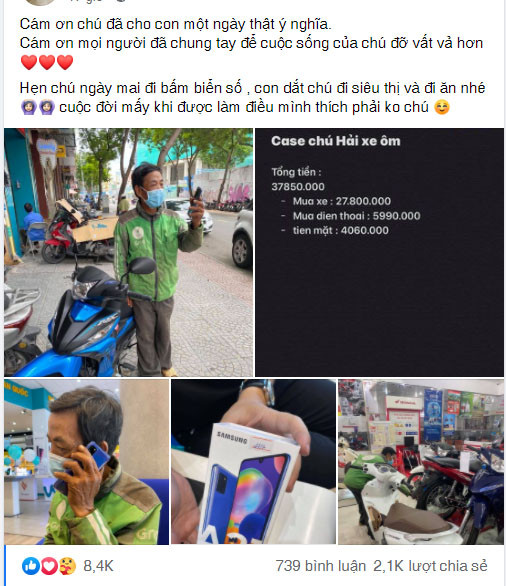 Theo như chia sẻ, Trúc Phương đã giúp chú Hải mua xe máy mới, điện thoại mới và tiền mặt. Cô nàng còn đưa chú đi làm biển số xe, đưa chú đi siêu thị và đi ăn trưa.