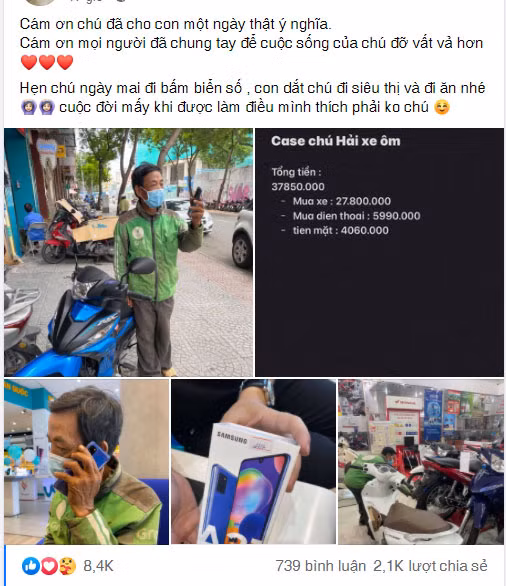 Theo như chia sẻ, Trúc Phương đã giúp chú Hải mua xe máy mới, điện thoại mới và tiền mặt. Cô nàng còn đưa chú đi làm biển số xe, đưa chú đi siêu thị và đi ăn trưa.