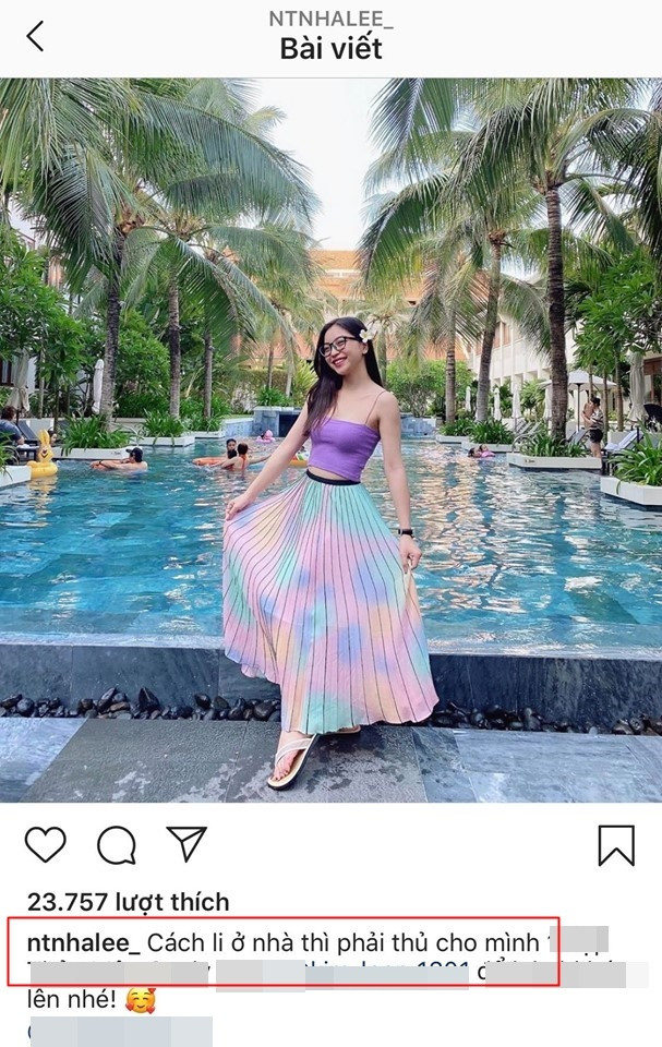 Trên Instagram, đăng kèm tấm ảnh check-in tại resort ở Hội An, Nhật Lê đã tiết lộ bản thân hiện đang thực hiện cách ly rồi. Vậy nên những trách móc của cư dân mạng dành cho cô cũng hơi quá đáng nhưng có lẽ, họ cũng vì lo lắng cho nàng hot girl mà thôi.