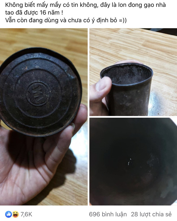 Hình ảnh chiếc lon đong gạo một gia đình đã sử dụng đến 16 năm chưa thay mới đang được cộng đồng mạng chú ý thời gian qua. Sau khi đăng tải, bài đăng này đã thu về hàng nghìn bình luận quan tâm.