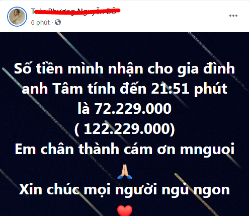 Cô đã chi 50.000.000 tạm ứng tiền tại bệnh viện cho anh T trước rồi hôm sau mới mang số tiền mà mình quyên góp được gửi tặng gia đình anh.