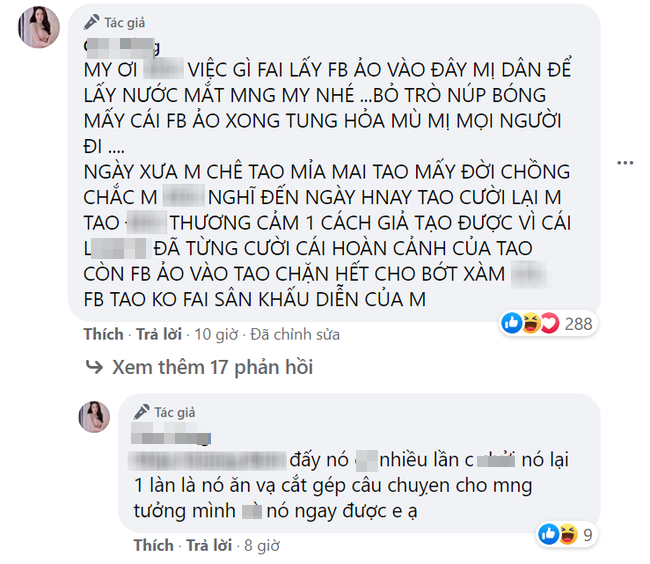 Cô gái này liên tục nhắc đến việc Âu Hà My từng "cà khịa" việc cô có 3 đời chồng. Thậm chí, nữ giảng viên còn cắt ghép câu chuyện rồi đăng lên facebook cá nhân để lấy nước mắt của mọi người.