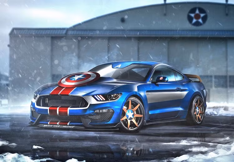 Captain America cần phải có một chiếc xe đậm chất Mỹ làm "bạn đồng hành", đó là lý do Ford Mustang Shelby GT350 đã được lựa chọn. Ngoài màu áo của Captain America, chiếc xe còn có thêm chiếc khiên đặc trưng của siêu anh hùng này trên nắp ca-pô.