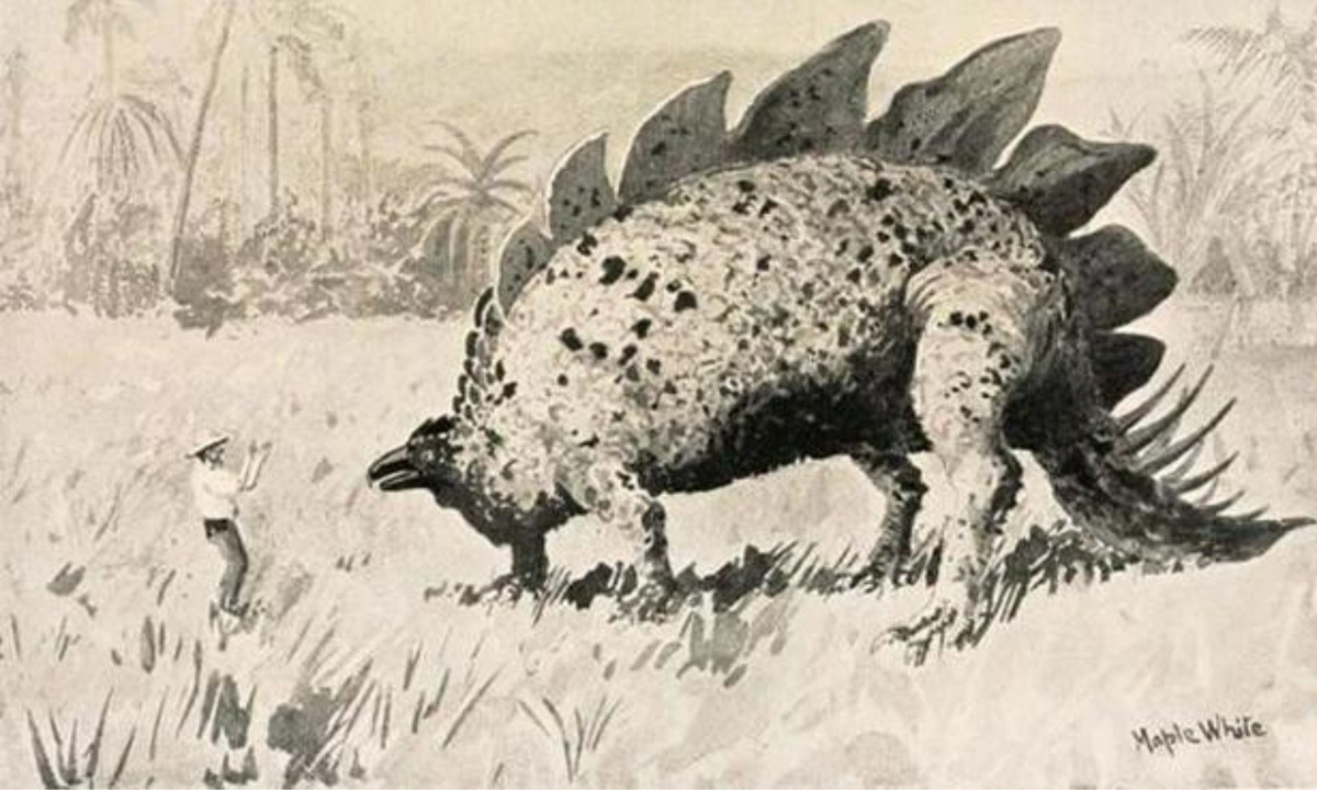 Ảnh minh họa cuốn tiểu thuyết The Lost World của Arthur Conan Doyle mô tả các nhà thám hiểm chạm trán với khủng long trên đỉnh núi Roraima.