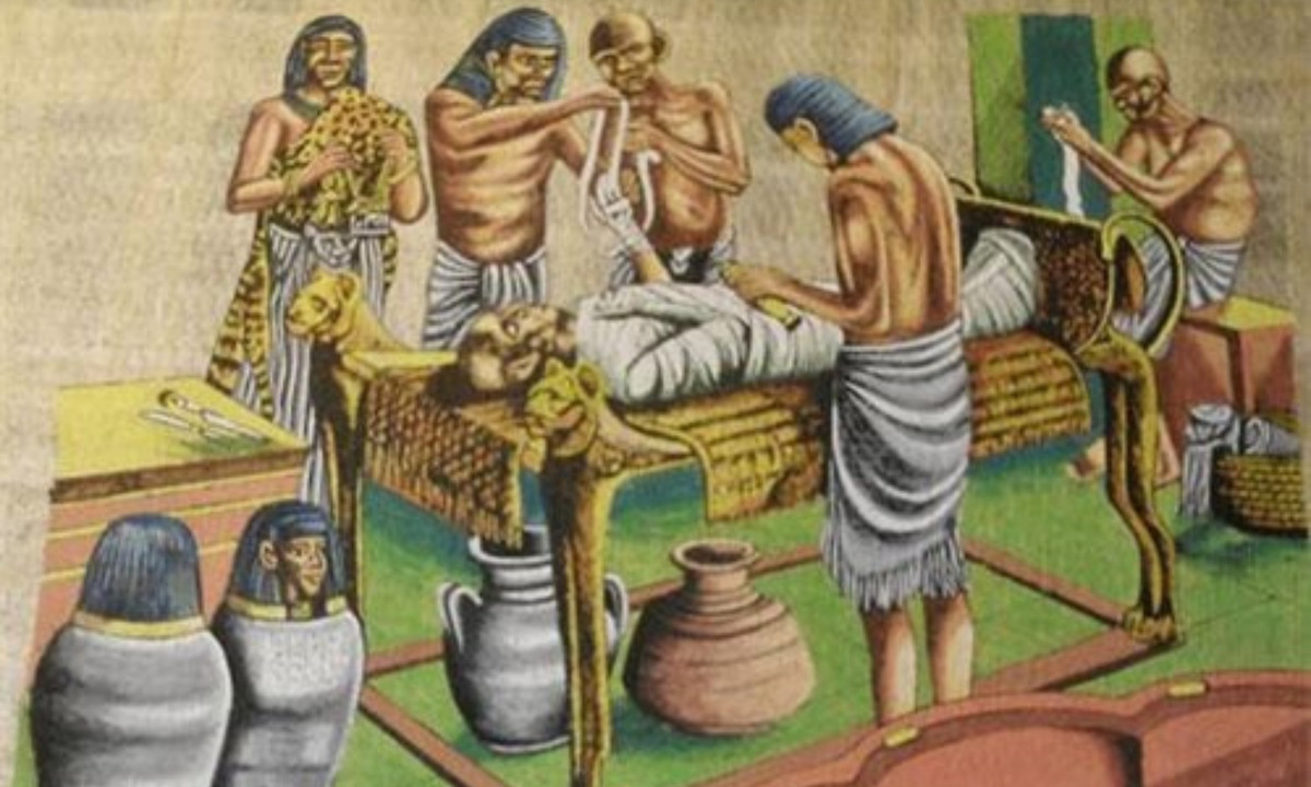 1. Cắt bỏ nội tạng: nội tạng sẽ được lấy ra khỏi cơ thể thông qua một vết rạch ở bên trái bụng. Sau khi lấy hết dịch não, họ đổ rượu vào bên trong, cũng từ đường mũi, để làm sạch và khử trùng.