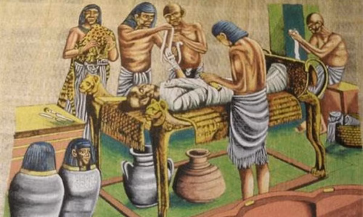 1. Cắt bỏ nội tạng: nội tạng sẽ được lấy ra khỏi cơ thể thông qua một vết rạch ở bên trái bụng. Sau khi lấy hết dịch não, họ đổ rượu vào bên trong, cũng từ đường mũi, để làm sạch và khử trùng.