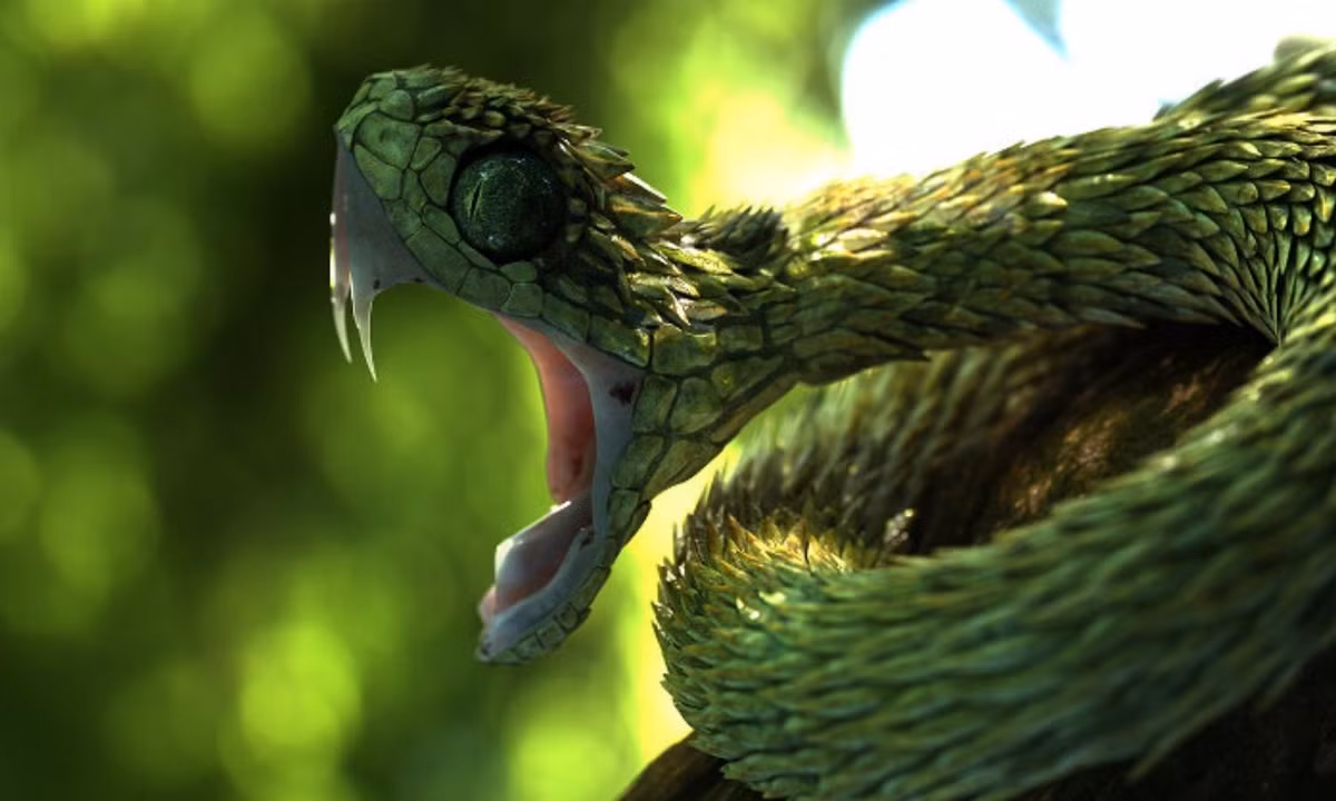 2.Rắn vảy gai (Atheris hispida): là một loài rắn Viper có nọc độc, được tìm thấy ở Trung Phi. Tên gọi của chúng bắt nguồn từ lớp vảy nhọn hoắt trên lưng được xếp đè lên nhau như mái ngói. (Nguồn: Khoahoc.tv)