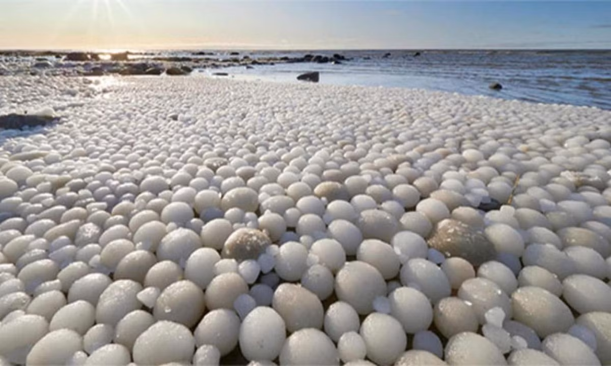 8. Băng tròn: hiện tượng băng tròn như trứng được bắt gặp xảy ra tràn ngập bờ biển Phần Lan. Chưa có kiến thức chính xác về hiện tượng hiếm gặp này những chúng có thể hình thành do các dòng xoáy nơi các mảng băng mỏng xoay tròn và kết dính lại với nhau. Nguồn: KhoaHoc.tv.