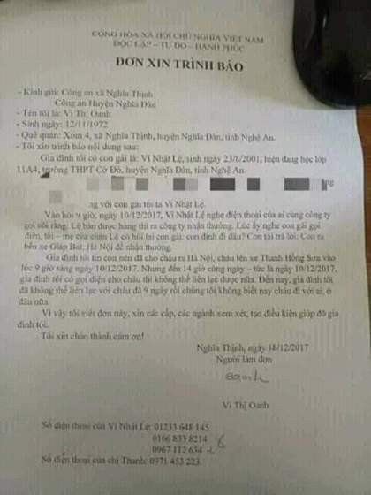 Đơn trình báo của gia đình