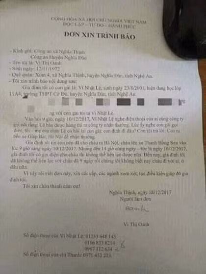 Đơn trình báo của gia đình