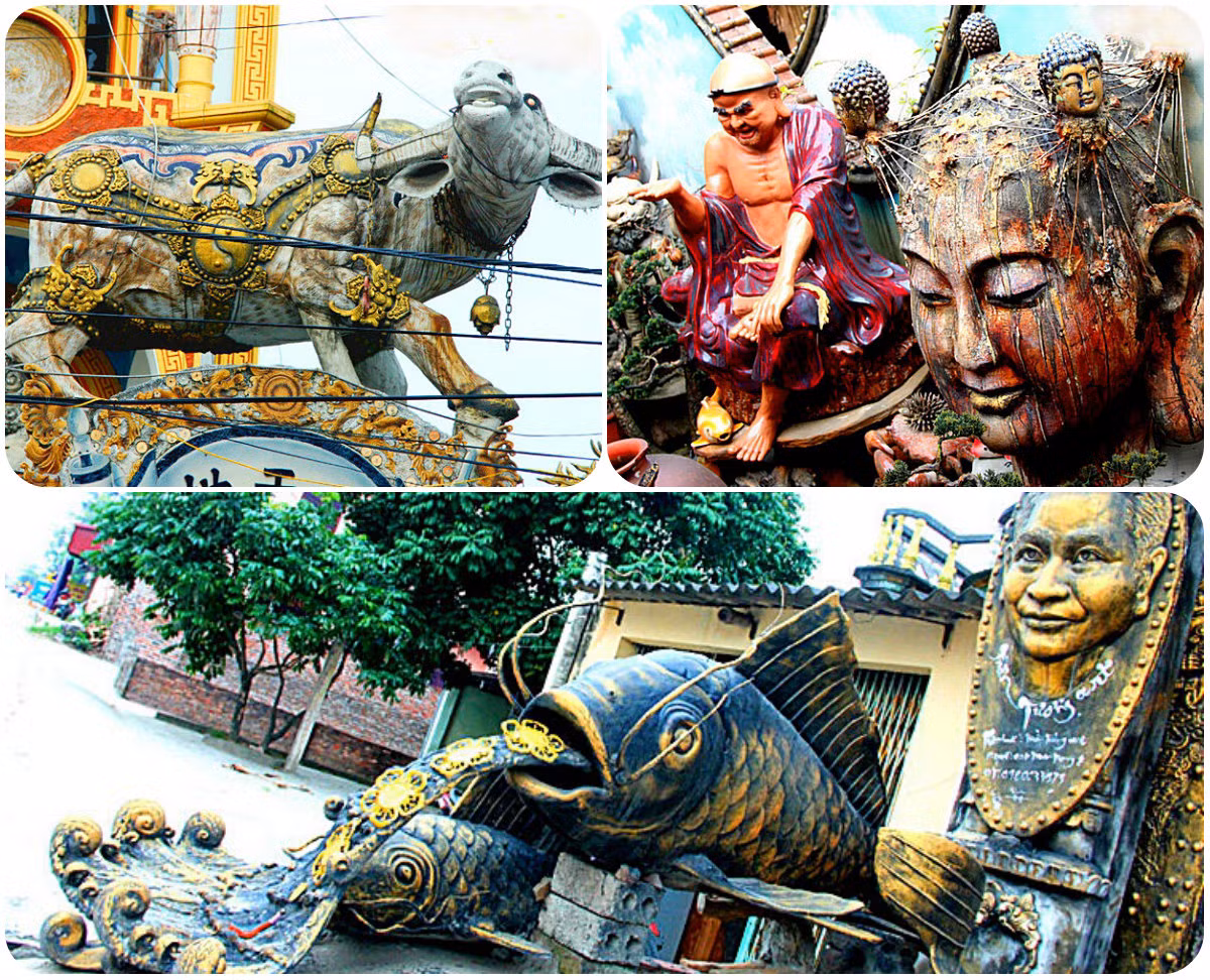 Hàng loạt tượng kỳ dị như trâu đồng, cá chép vàng, tượng nữ thần... trước cổng. Ảnh: Bảo Ngọc.