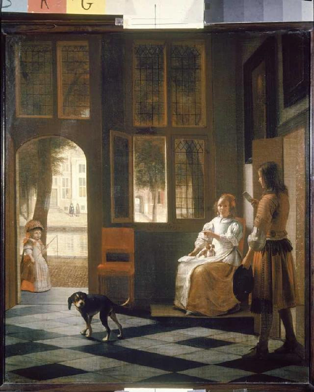 Tương tự, trong bức tranh "Young Woman with a Letter and a Messenger in an Interior" do họa sĩ người Hà Lan Pieter de Hooch (1629-1684) vẽ thế kỷ 17, nhiều người thấy người đàn ông trong tranh dường như đang cầm trên tay một chiếc điện thoại thông minh.