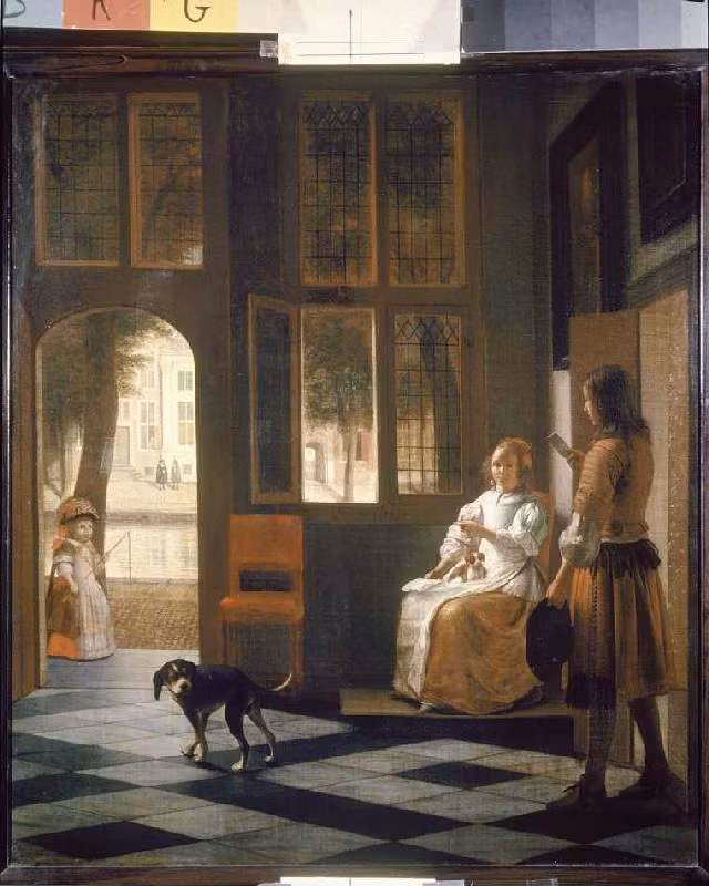 Tương tự, trong bức tranh "Young Woman with a Letter and a Messenger in an Interior" do họa sĩ người Hà Lan Pieter de Hooch (1629-1684) vẽ thế kỷ 17, nhiều người thấy người đàn ông trong tranh dường như đang cầm trên tay một chiếc điện thoại thông minh.