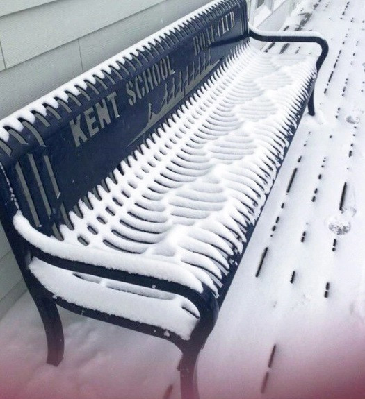 Tuyết phủ trắng xóa trên một băng ghế dài tạo thành hình khối hoàn hảo tới khó tin.