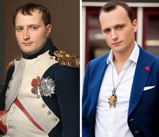 Napoleon Bonaparte là hoàng đế nổi tiếng nước Pháp và là một trong những nhân vật lịch sử có ảnh hưởng lớn đến tình hình thế giới. Là nhà cầm quân xuất chúng, ông đã dẫn dắt quân đội Pháp chinh chiến nhiều nơi và đánh bại được nhiều kẻ thù mạnh ở châu Âu. Trong ảnh phục dựng bằng AI, hoàng đế Napoleon có gương mặt góc cạnh, điển trai và có phong thái vương giả.