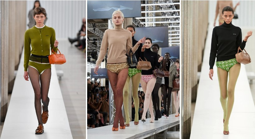 Show diễn của Miu Miu thành công trong việc gây sốc và lăng xê một xu hướng. Hình ảnh những người mẫu chỉ mặc nội y sải bước trên sàn runway phủ sóng mạnh mẽ trên mạng xã hội. Bên cạnh đó, xu hướng pantless nhanh chóng thu hút sự chú ý, được nhiều nghệ sĩ lăng xê. Tạp chí Elle nhận định mốt không quần chiếm lĩnh sàn diễn năm 2023. Ảnh: Vogue.