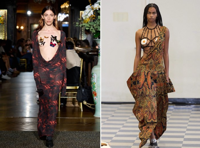 Các miếng dán ngực được làm từ hình ảnh chú bướm, miếng trứng rán,... trở thành điểm nhấn trong show của Puppets and Puppets. Thương hiệu lồng ghép vào bộ sưu tập những mẫu váy áo có chi tiết cut-out táo bạo, trang trí thêm họa tiết độc lạ. Ảnh: Vogue.