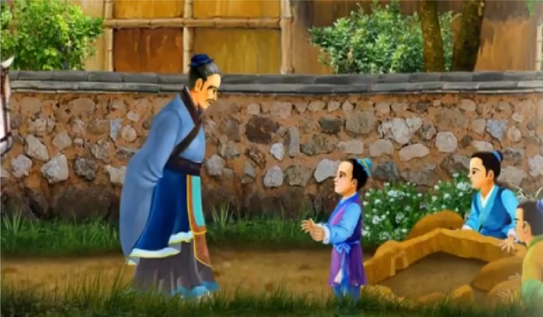 Khi Khổng Tử hỏi thành ở đâu, Hạng Thác chỉ tay phía trước mặt. Quả nhiên Khổng Tử nhìn thấy một thành trì trên mặt đất mà cậu đang chơi. Nhận thấy cậu bé này rất thông minh, Khổng Tử liền đưa ra một số câu hỏi để kiểm tra.