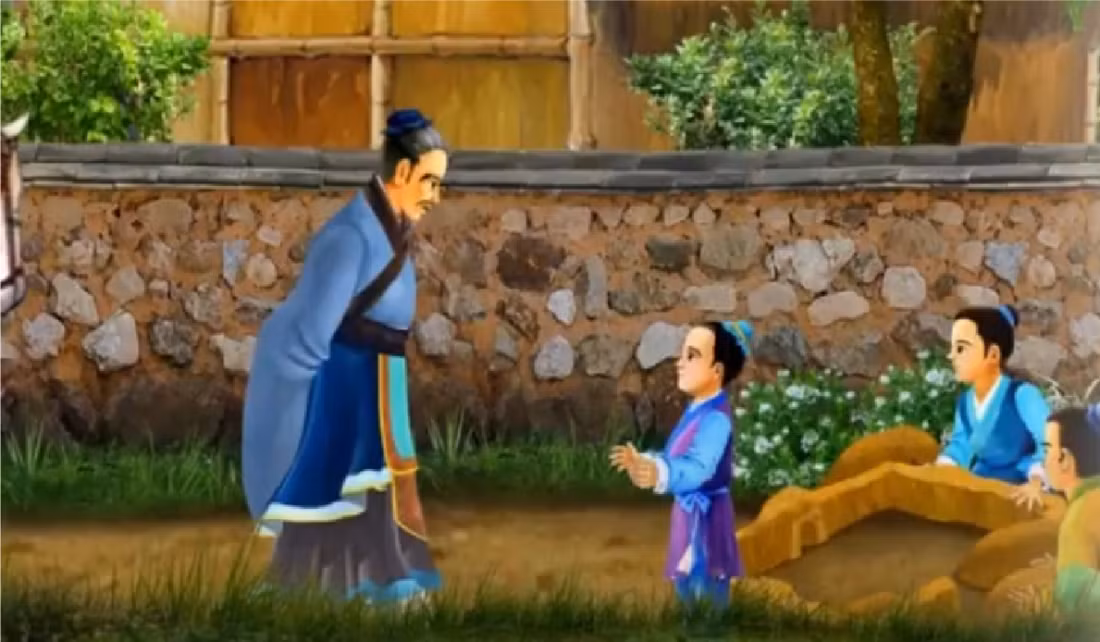 Khi Khổng Tử hỏi thành ở đâu, Hạng Thác chỉ tay phía trước mặt. Quả nhiên Khổng Tử nhìn thấy một thành trì trên mặt đất mà cậu đang chơi. Nhận thấy cậu bé này rất thông minh, Khổng Tử liền đưa ra một số câu hỏi để kiểm tra.