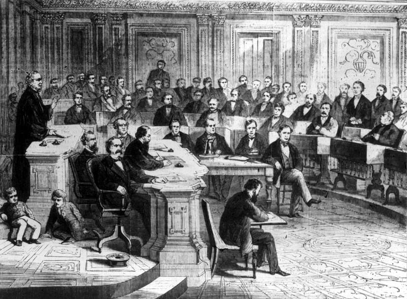 Quá trình luận tội Tổng thống Andrew Johnson kéo dài hơn ba tháng, từ khi Hạ viện thông qua việc luận tội ngày 22/2/1868 cho tới khi Thượng viện tuyên bố ông vô tội vào ngày 26/5/1868. Ảnh: KSHS.