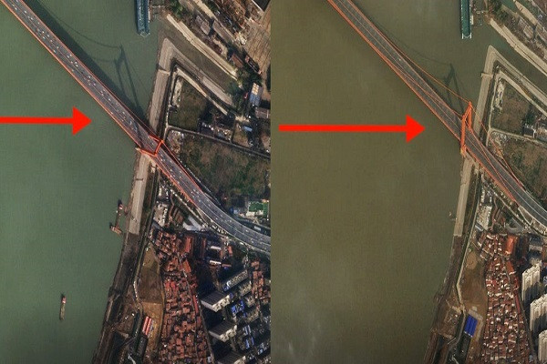 Sự tương phản rõ ràng khi nhìn vào hình ảnh trên cây cầu bắc qua sông Dương Tử trước và sau khi thành phố bị phong tỏa. Sau khi Vũ Hán bị cách ly, xe cộ hầu như không còn đi qua cây cầu này. Ảnh: Getty.