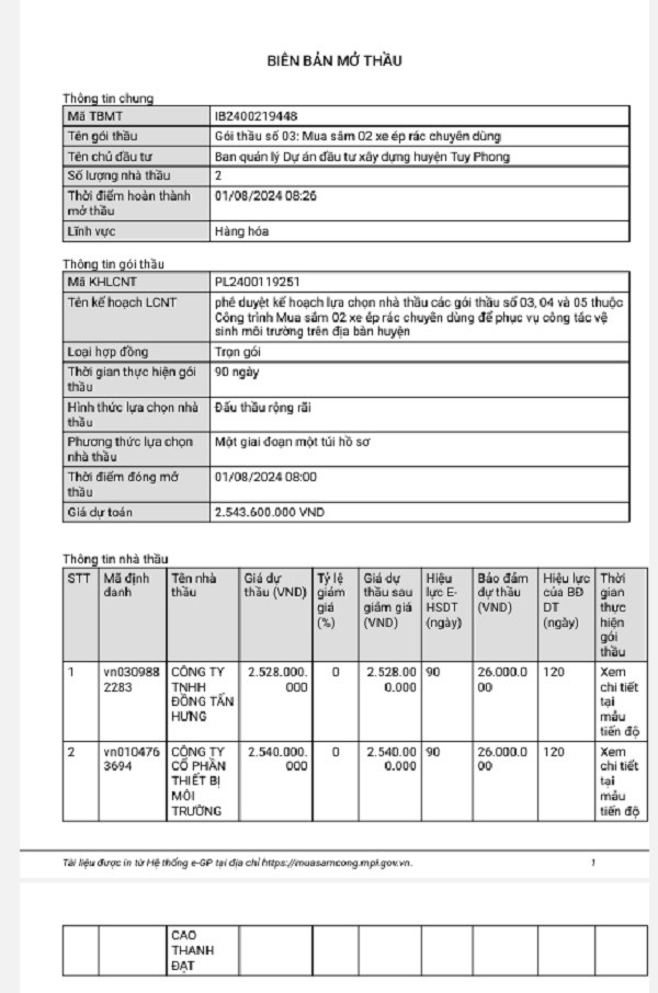 Binh Thuan: Goi thau mua 2 xe ep rac ve tay Cty Dong Tan Hung?