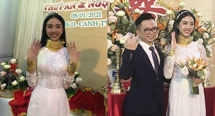 Á hậu Việt Nam 2018 đeo vàng nặng trĩu cổ, đeo nhẫn vàng, vòng vàng đầy tay. Ảnh: FBNV