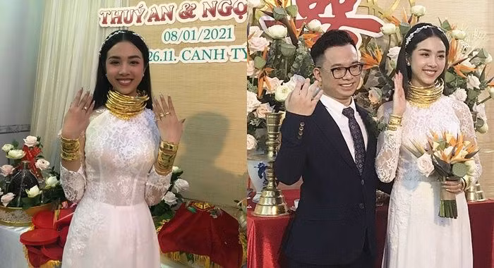 Á hậu Việt Nam 2018 đeo vàng nặng trĩu cổ, đeo nhẫn vàng, vòng vàng đầy tay. Ảnh: FBNV