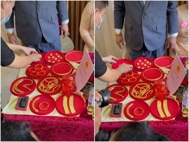 Tất cả các món quà đều được sắp xếp ngay ngắn trên bàn nhưng chưa hết vì trên người cô dâu còn đeo ngập vàng đến mức không đếm xuể. Ảnh: Bestie.