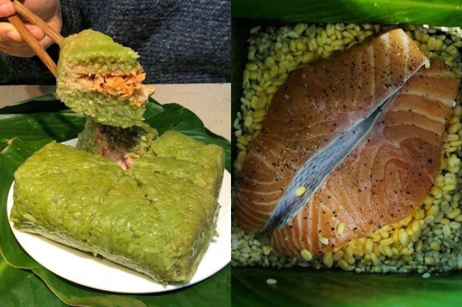 Mang lại hương vị khác biệt trong ngày Tết, bánh chưng nhân cá hồi có giá bán tới hơn 500.000 đồng/cặp. Ảnh: Dân Việt