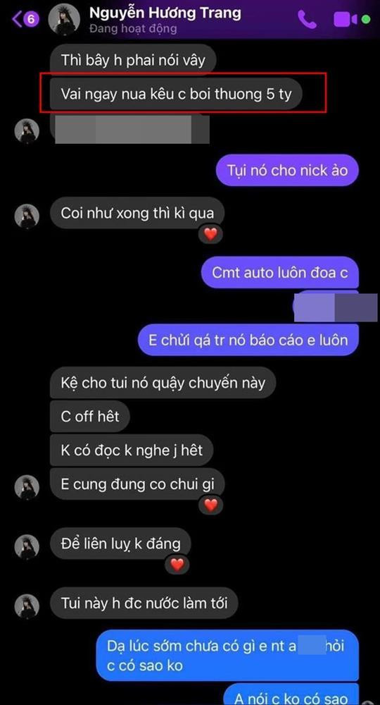 Trong diễn biến mới nhất, cộng đồng mạng xôn xao trước đoạn tin nhắn được cho là Trang Nemo muốn bồi thường 5 tỷ cho chị áo trắng trong vụ xô xát với Trần My. Ảnh: 2sao
