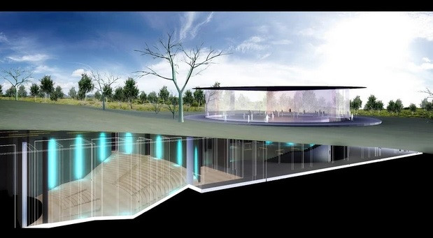 Steve Jobs Theater bao gồm sảnh chính bên trên và sân khấu ngầm dưới mặt đất. Ảnh: Theverge