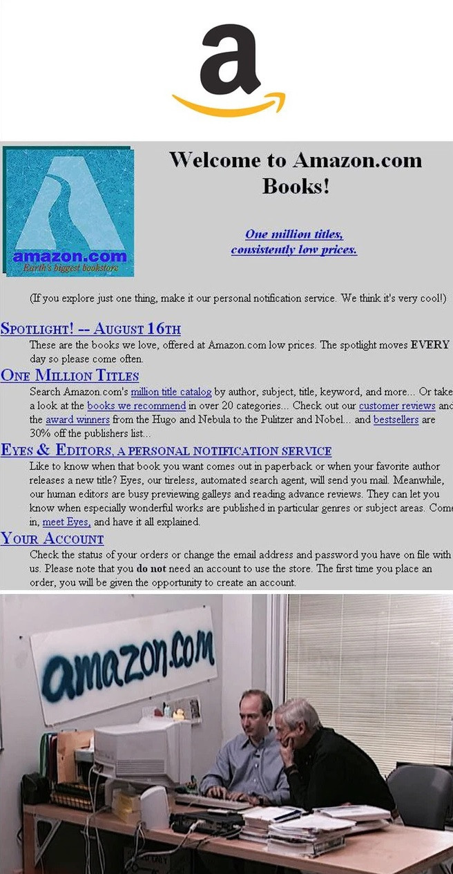 Amazon khởi đầu là một nhà sách trực tuyến vào năm 1994. Nhà sáng lập Jeff Bezos đặt tên cho nhà sách này là "Cadabra", vài tháng sau đó đổi tên thành "Amazon.com, Inc. Nguồn ảnh: BoredPanda