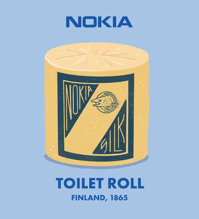 Thế nhưng, thuở ban đầu Nokia được thành lập với một nhà máy bột giấy và chủ yếu sản xuất các cuộn giấy vệ sinh mang nhãn hiệu Nokia.