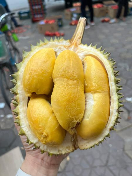 Theo người bán, cơm sầu riêng Musang King có bán quanh năm vì là hàng nhập khẩu, được cấp đông, đóng thành khay. Ảnh: Facebook