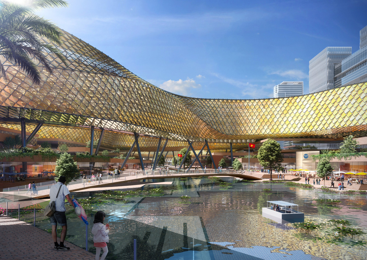 Một hồ chứa nước và các sân thượng xanh được đưa vào thiết kế để tăng hiệu quả và khả năng tiếp cận của tòa nhà.