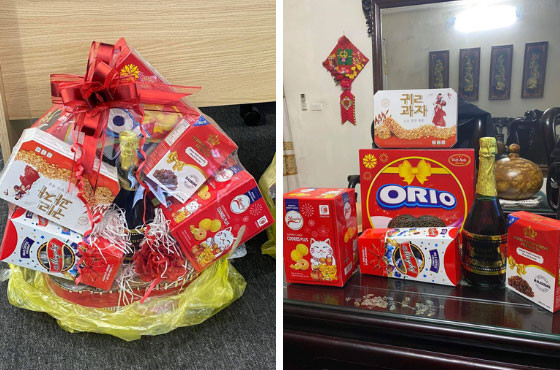 Một giỏ quà khác cũng lung linh đẹp mắt nhưng cư dân mạng tinh ý đã phát hiện ra hộp bánh "Orio" bị in sai tên. Ảnh: Nhịp sống Việt