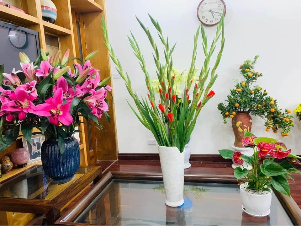 Trong phòng khách, MC Thảo Vân trưng bày nhiều hoa tươi.