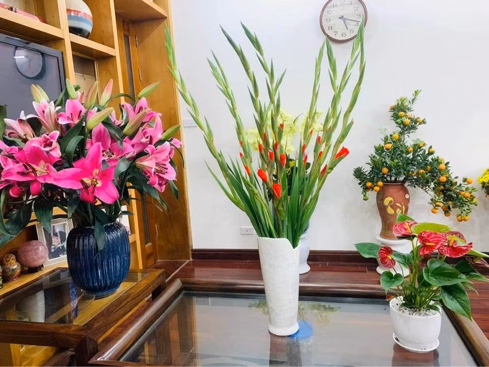 Trong phòng khách, MC Thảo Vân trưng bày nhiều hoa tươi.