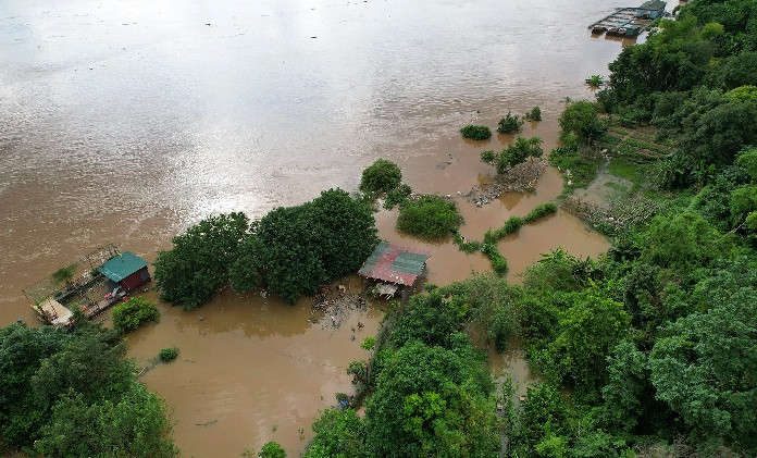 Một đoạn ven bờ thuộc phường Ngọc Thụy bị nước lấn sâu, vườn cây ngập trắng.