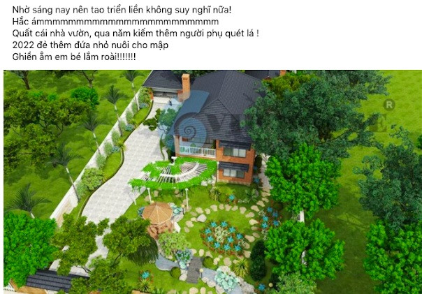 Sau 2 năm ly hôn Ngọc Lan, trên trang cá nhân, diễn viên Thanh Bình đăng tải hình ảnh căn biệt thự bề thế, bên cạnh công trình nhà ở khang trang là hệ thống sân vườn xanh mát, rộng rãi. Ảnh chụp màn hình