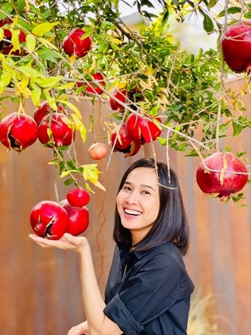 Dương Mỹ Linh rang rỡi khoe cây lựu sai lúc lỉu.