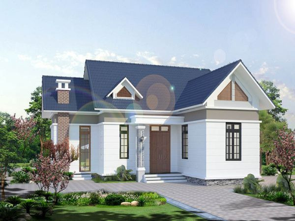 Mẫu nhà cấp 4 có 2 phòng ngủ mái thái sang trọng với tường ốp gạch. Tuy nhiên, nhà mái thái cần sự tỉ mỉ nên chi phí xây dựng cao hơn nhà mái tôn. Ảnh: Everon